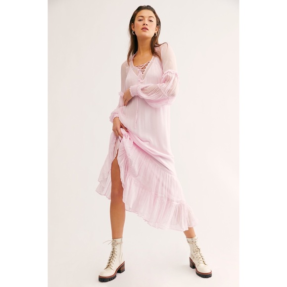 $198 FREE PEOPLE BLOUSON MIDI DRESS NEW PINK SHEER SILKY NEW MAXI LARGE - Picture 2 of 11